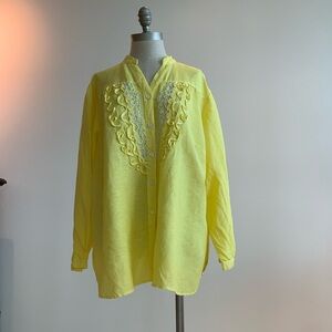 Sunny Yellow Linen Blouse with Mandarin Collar 2X NWT